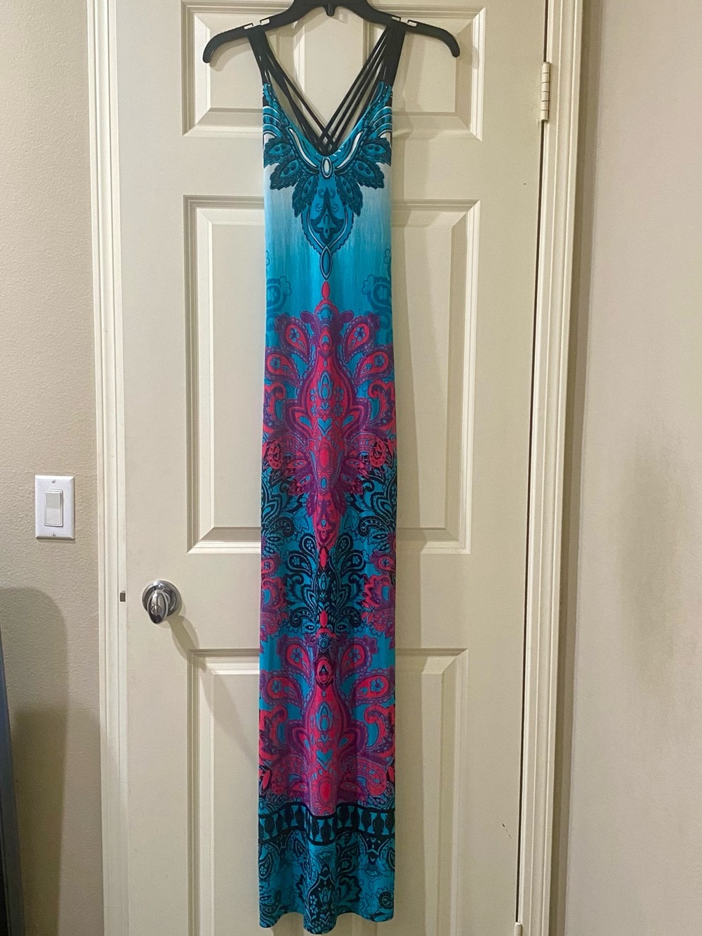 Vibrant Turquoise & Fuchsia Maxi Dress with Strappy Neck and Criss Cross Back